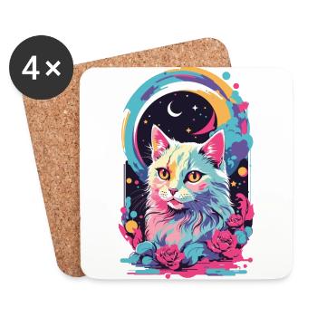 Magical Pastel Goth Cat at Night with Roses - Coasters (set of 4) - white - Front