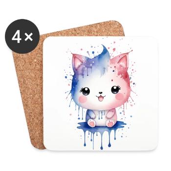 Mignon chaton kawaii aquarelle - Dessous de verre (lot de 4) - blanc - Devant