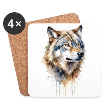 Loup gris aquarelle - Sauvage et libre - Dessous de verre (lot de 4) - blanc - Devant