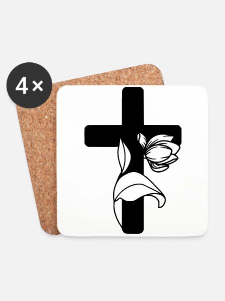 Schönes Kreuz mit Blume - Untersetzer (4er-Set) - Weiß
