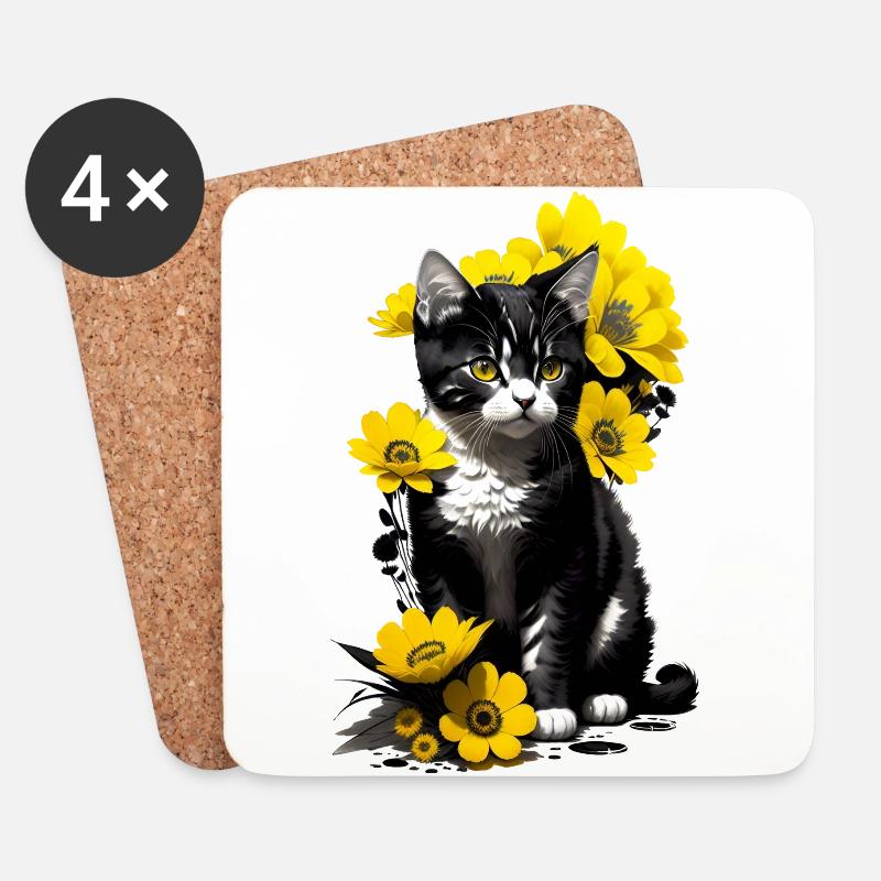 Kätzchen sitzend mit gelben Blumen - Untersetzer (4er-Set) - Weiß