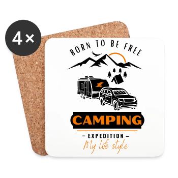 Camping-Wohnwagen, Camping Freunde born to be free - Untersetzer (4er-Set) - Weiß - Vorne