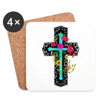 Cross Crosses Crucifix Flowers Bloom Creation - Coasters (set of 4) - white - Front