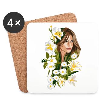 BELIA Illustration Frau mit weißen Blumen - Untersetzer (4er-Set) - Weiß - Vorne