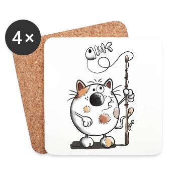 Mignon Chat et poisson - Dessous de verre (lot de 4) - blanc - Devant