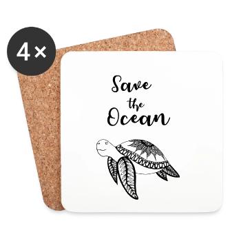 Slogan Save the Ocean avec la tortue - Dessous de verre (lot de 4) - blanc - Devant