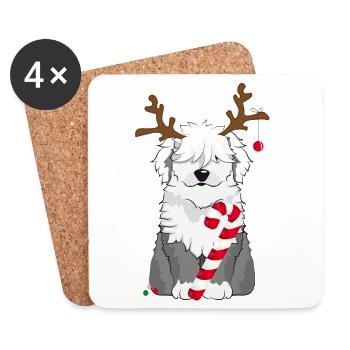 Chien bobtail avec canne à sucre et bois de renne - Dessous de verre (lot de 4) - blanc - Devant
