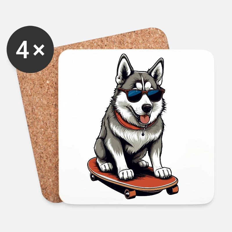 Süßer Husky auf Skateboard - Untersetzer (4er-Set) - Weiß