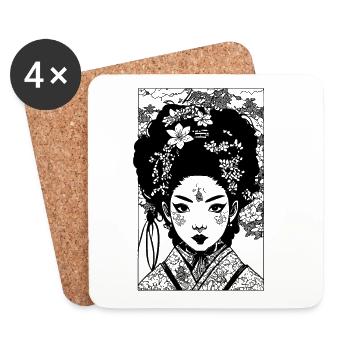 Drawing of a manga comic geisha in kimono - Coasters (set of 4) - white - Front