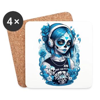 Sugar Skull Girl with Headphones and Blue Roses - Coasters (set of 4) - white - Front