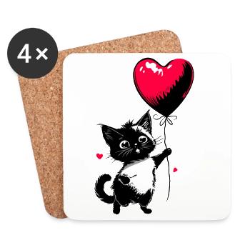 Katze mit Herz Luftballon - Heartful Creatures - Untersetzer (4er-Set) - Weiß - Vorne