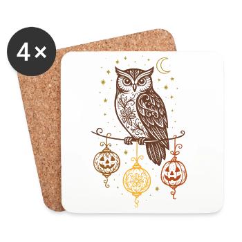 Halloween Eule mit Kürbis Laternen & Sternen - Untersetzer (4er-Set) - Weiß - Vorne