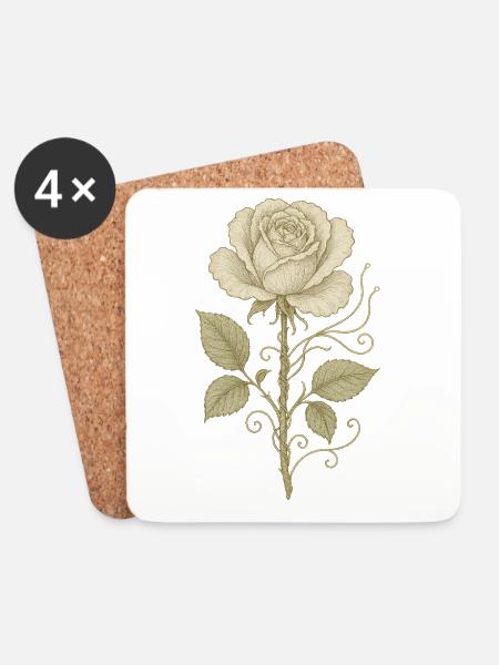 Vintage Rose Pencil Drawing - Coasters (set of 4) - white