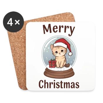 Cute Cat Snow Globe – Merry Christmas - Coasters (set of 4) - white - Front