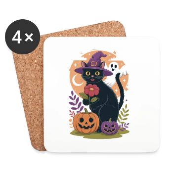 Halloween Katarte mit Hexenhut und Kürbissen - Untersetzer (4er-Set) - Weiß - Vorne