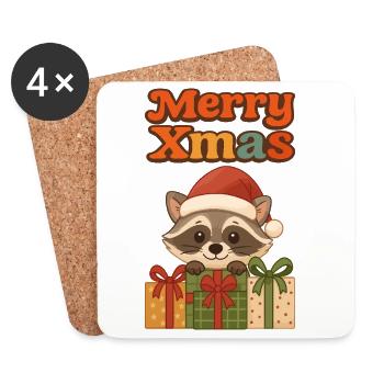 Weihnachts Waschbär mit Geschenken - Untersetzer (4er-Set) - Weiß - Vorne