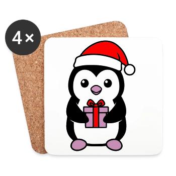 Pingouin de Noël mignon avec cadeau - Dessous de verre (lot de 4) - blanc - Devant