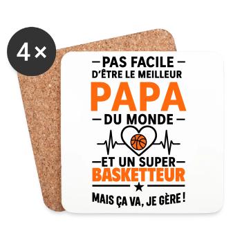  Cœur + Basketball – Super Papa Basketteur - Dessous de verre (lot de 4) - blanc - Devant