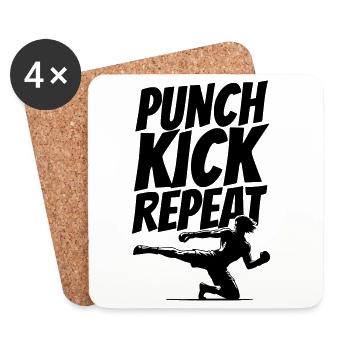 Kickboxer Graphic with Punch Kick Repeat Text - Coasters (set of 4) - white - Front