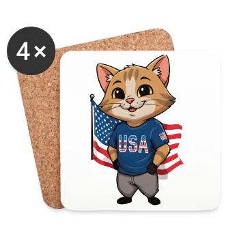 Chat de dessin animé patriotique avec drapeau américain - Dessous de verre (lot de 4) - blanc - Devant