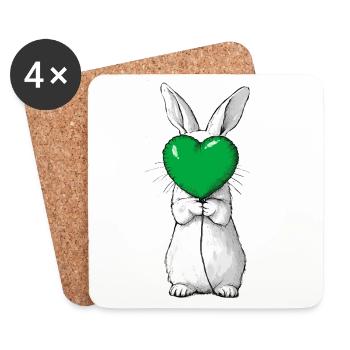 Illustration mignonne de lapin tenant un cœur vert - Dessous de verre (lot de 4) - blanc - Devant