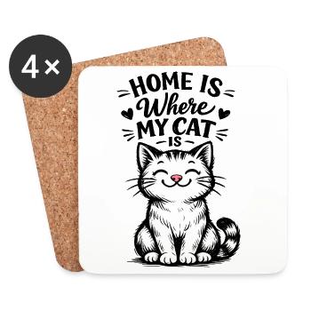 Chez moi, c’est là où est mon chat – motif de chat mignon - Dessous de verre (lot de 4) - blanc - Devant