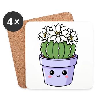 Pot de fleurs de cactus Kawaii - Dessous de verre (lot de 4) - blanc - Devant
