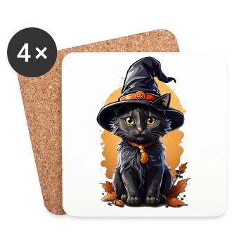 Halloween-Katz mit Hexenhut - Untersetzer (4er-Set) - Weiß - Vorne
