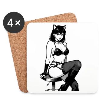 Sexy Anime Catgirl – Black and White Manga Style - Coasters (set of 4) - white - Front