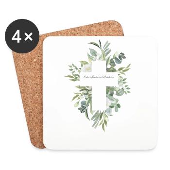 Cadeau de confirmation – Motif de croix florale - Dessous de verre (lot de 4) - blanc - Devant