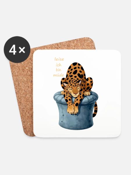 Leopard im Hut: Müde Ruhe - Untersetzer (4er-Set) - Weiß