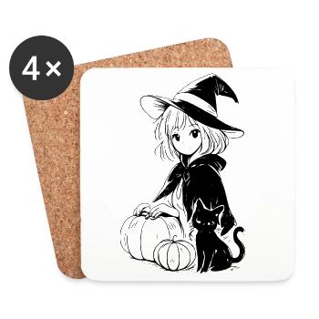 Anime Hexe Schwarze Katze Kürbis Halloween - Untersetzer (4er-Set) - Weiß - Vorne