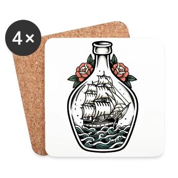Boats in Bottle Tattoo Retro Sailboat Sea - Coasters (set of 4) - white - Front
