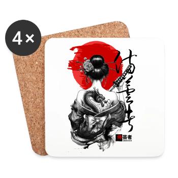 Geisha mit Drachen-Tattoo vor roter Leinwand - Untersetzer (4er-Set) - Weiß - Vorne