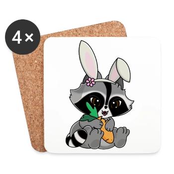 Snuggles der Waschbär im Hasenkostüm mit Möhre - Untersetzer (4er-Set) - Weiß - Vorne