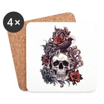 Skull Crow and Roses - Coasters (set of 4) - white - Front