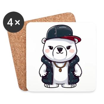 Gangster polar bear with gold chain and baseball cap - Coasters (set of 4) - white - Front