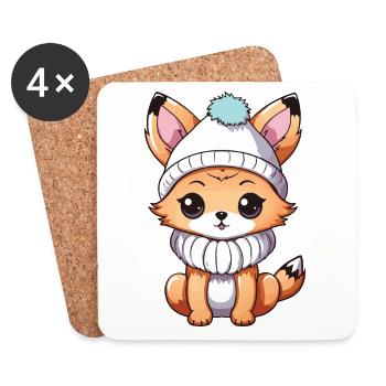Fuchs Niedlich Winter Comic Mütze - Untersetzer (4er-Set) - Weiß - Vorne