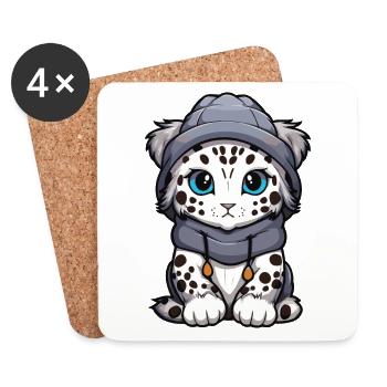 Léopard des neiges, Leopard, Animal, Bébé, Bande dessinée, Hiver - Dessous de verre (lot de 4) - blanc - Devant