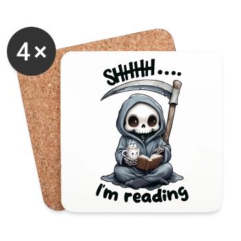 Grim Reaper Reading a Book with Coffee - Coasters (set of 4) - white - Front