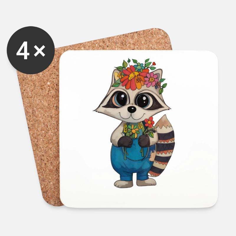 Blumenkranz Waschbär - Untersetzer (4er-Set) - Weiß