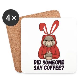 Did Someone Say Coffee? Moody Cat in Bunny Ears - Coasters (set of 4) - white - Front