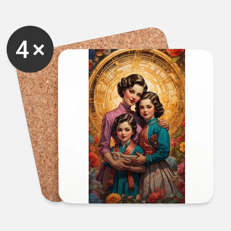 Mutter mit 2 Kindern - Retro 50er Jahre - Untersetzer (4er-Set) - Weiß