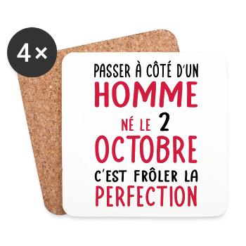 Anniversaire - Né 2 Octobre Frôler perfection - Dessous de verre (lot de 4) - blanc - Devant