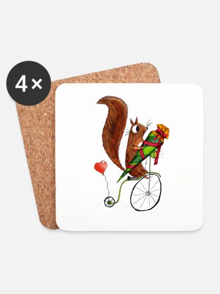 Das Hörnchen auf dem Fahrrad mit der Schultüte - Untersetzer (4er-Set) - Weiß