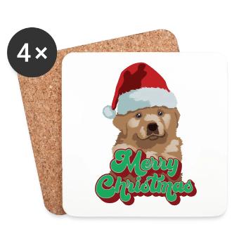 Cadeau de Noël Mignon Drôle de chien Chapeau de Père Noël Joyeux Noël - Dessous de verre (lot de 4) - blanc - Devant