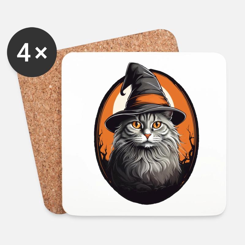 Halloween Katze - Untersetzer (4er-Set) - Weiß