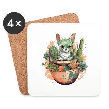 Cat in teracotta pot with cactus - Coasters (set of 4) - white - Front