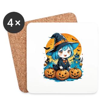 Halloween-Hexen- und Kürbis-Manga - Untersetzer (4er-Set) - Weiß - Vorne
