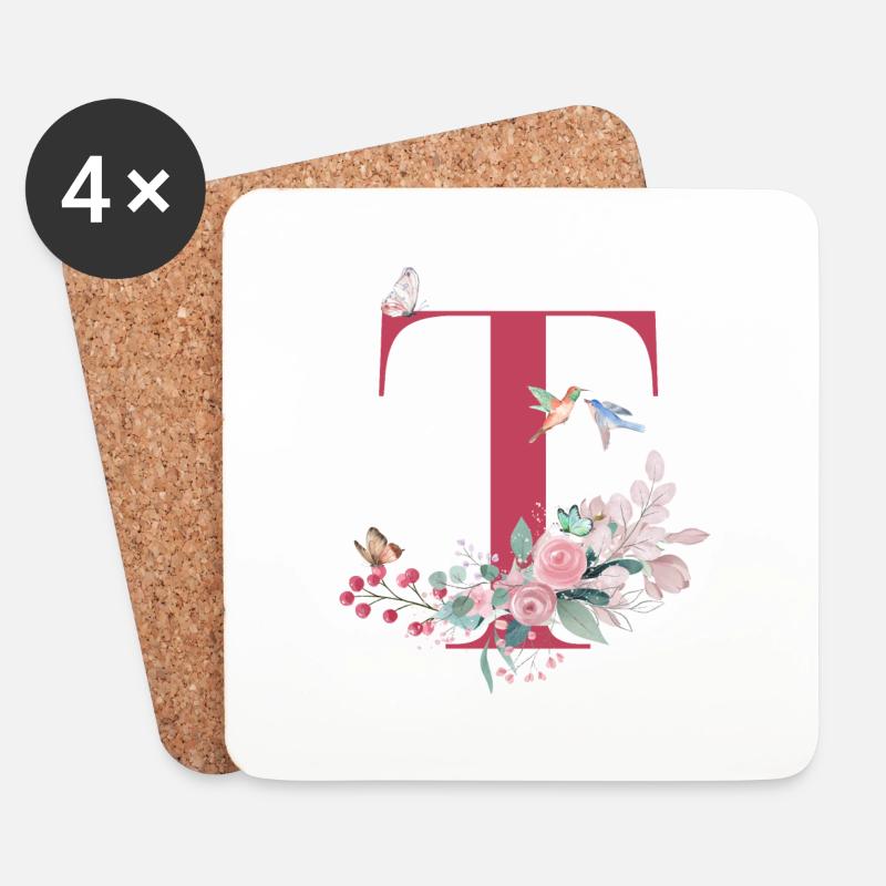 Buchstabe t floral - Geschenkidee - Untersetzer (4er-Set) - Weiß